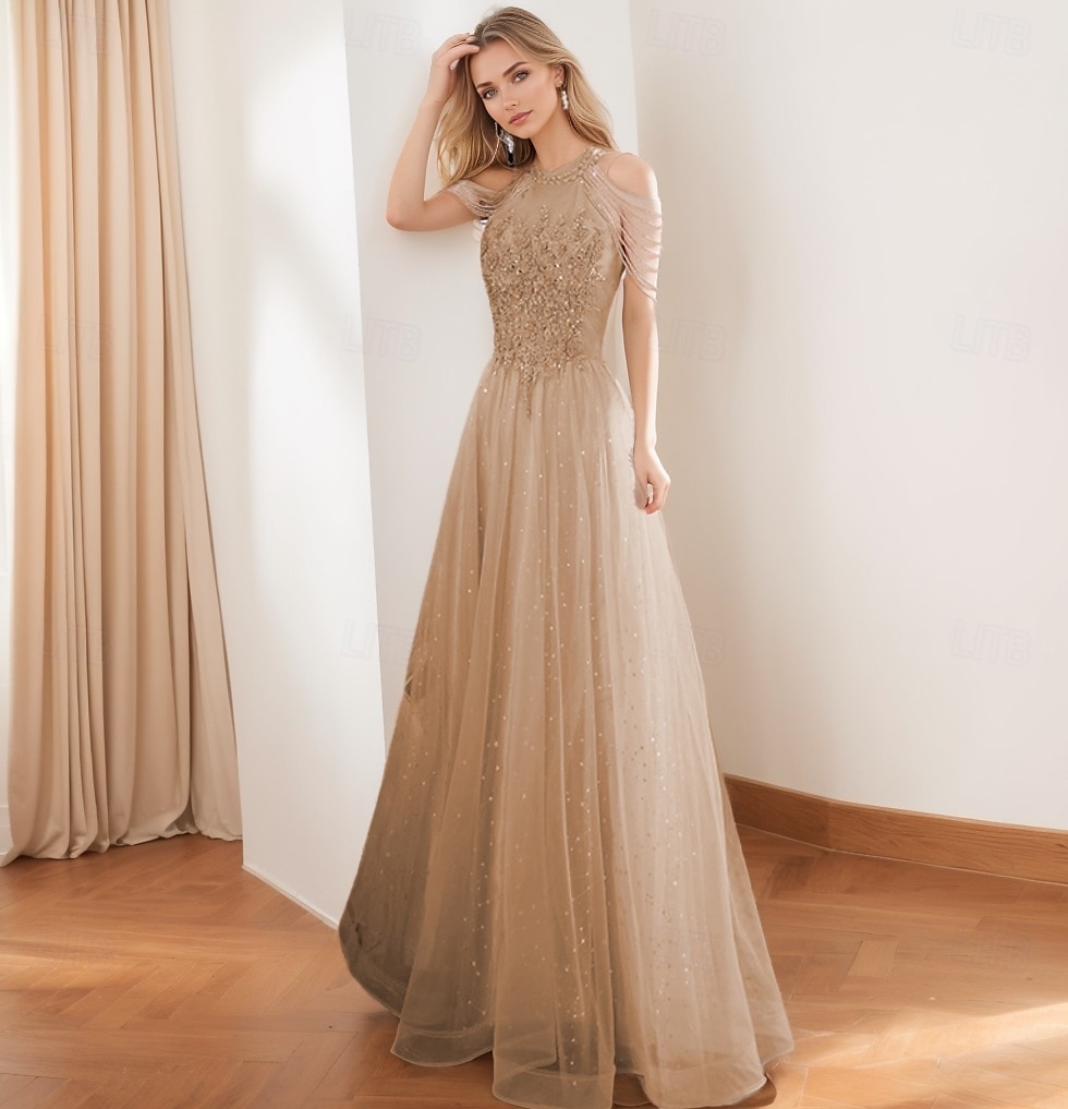 Vestidos de Formatura A-Line Vestido Vintage Formal Formatura Comprimento de Chão Sem Mangas Gola Alta Tule com Glitter e Franjas de 2025 por $79.99 –P1