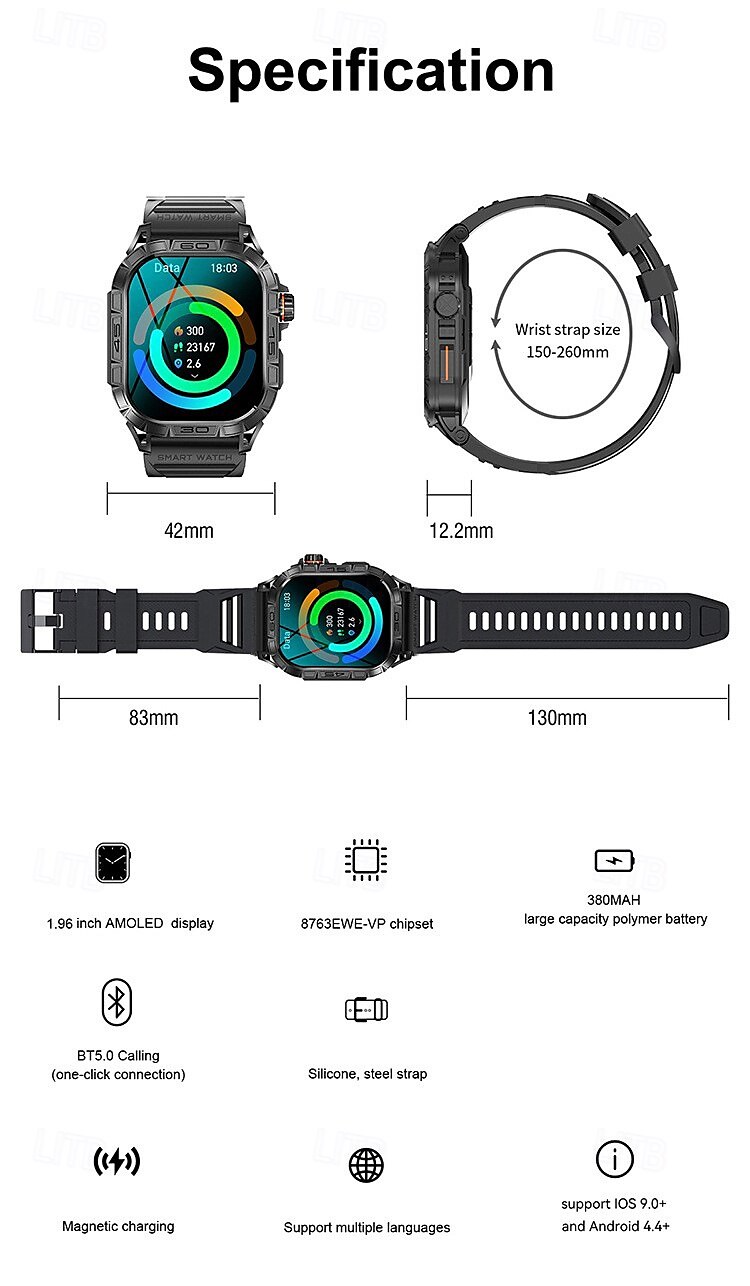 2025年 k63 スマートウォッチ 1.96 AMOLED スクリーン Bluetooth 通話 スポーツトラッカー 380mAh 長時間スタンバイ 健康モニター メンズ スマートウォッチ  コレクション – $71.19 –P10