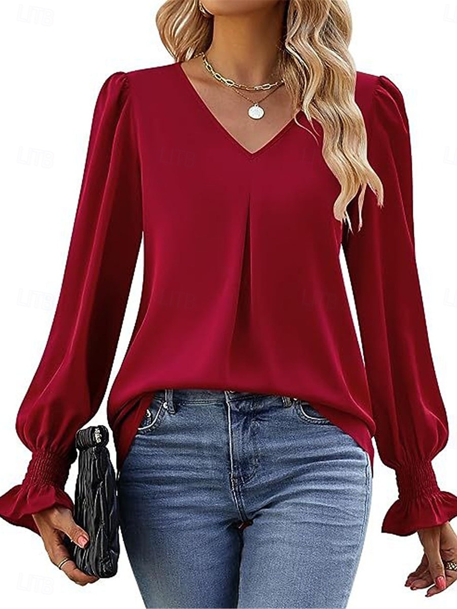 Per donna Camicia Blusa Tinta unica Essenziale Informale Manica lunga A V Top regolari Giornaliero Rosso Fucsia Cachi Autunno Inverno del 2025 a $21.99 –P9