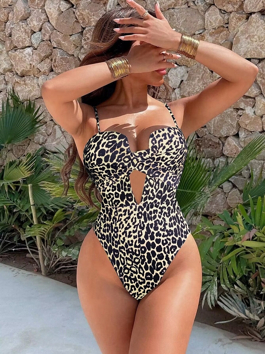 Women's Swimwear One Piece Monokini Swimsuit Backless Tummy Control High Waist Slim Vacation Beach Wear Leopard Halter Neck Sleeveless Bathing Suits 2025 - $26.99 –P1