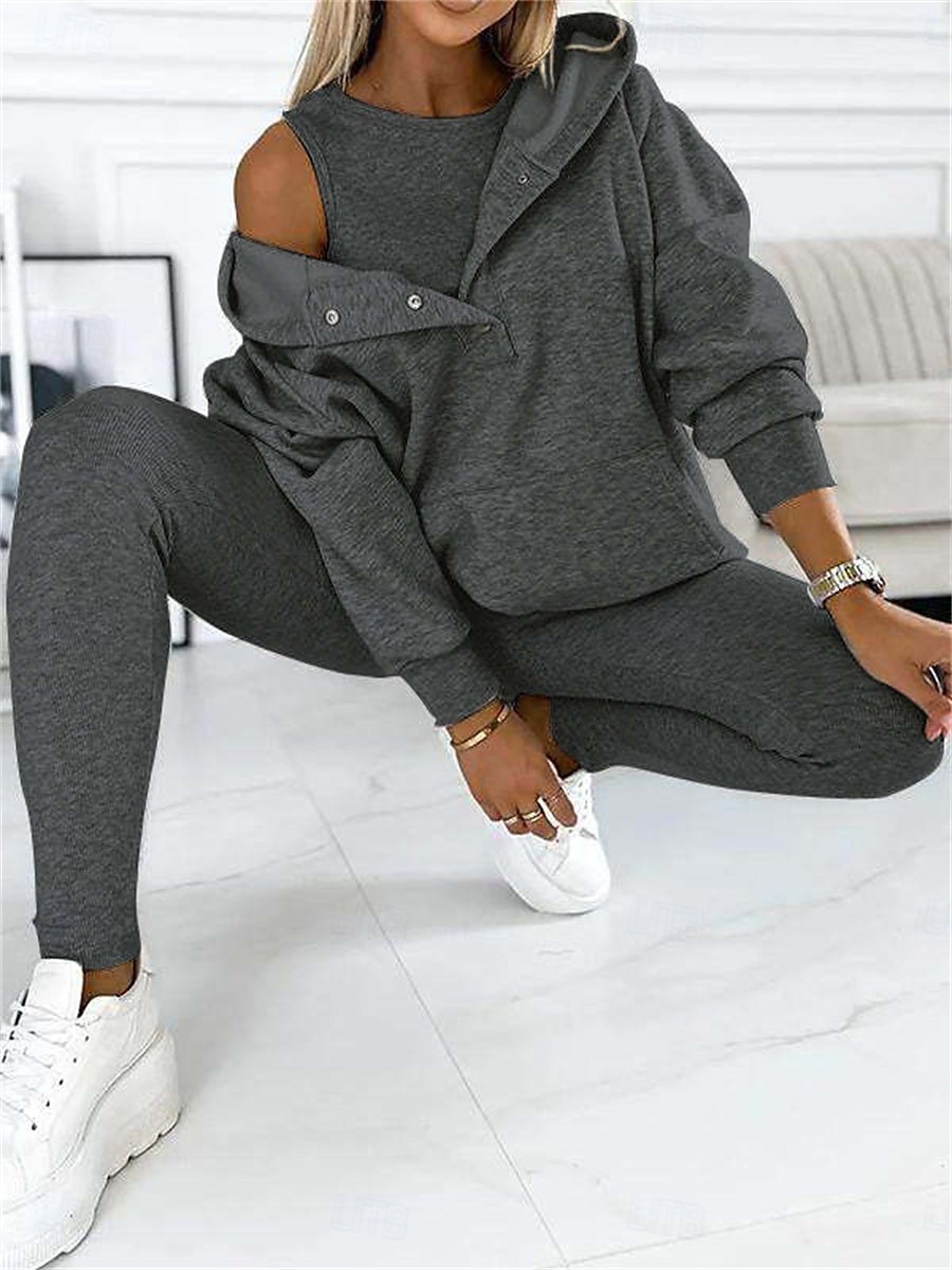 Conjunto de 3 piezas de ropa de estar por casa para mujer, sudadera con capucha coordinada con abertura en el hombro y pantalones deportivos, conjunto deportivo informal rosa, elástico, de moda para 2025 - $49.99 –P6