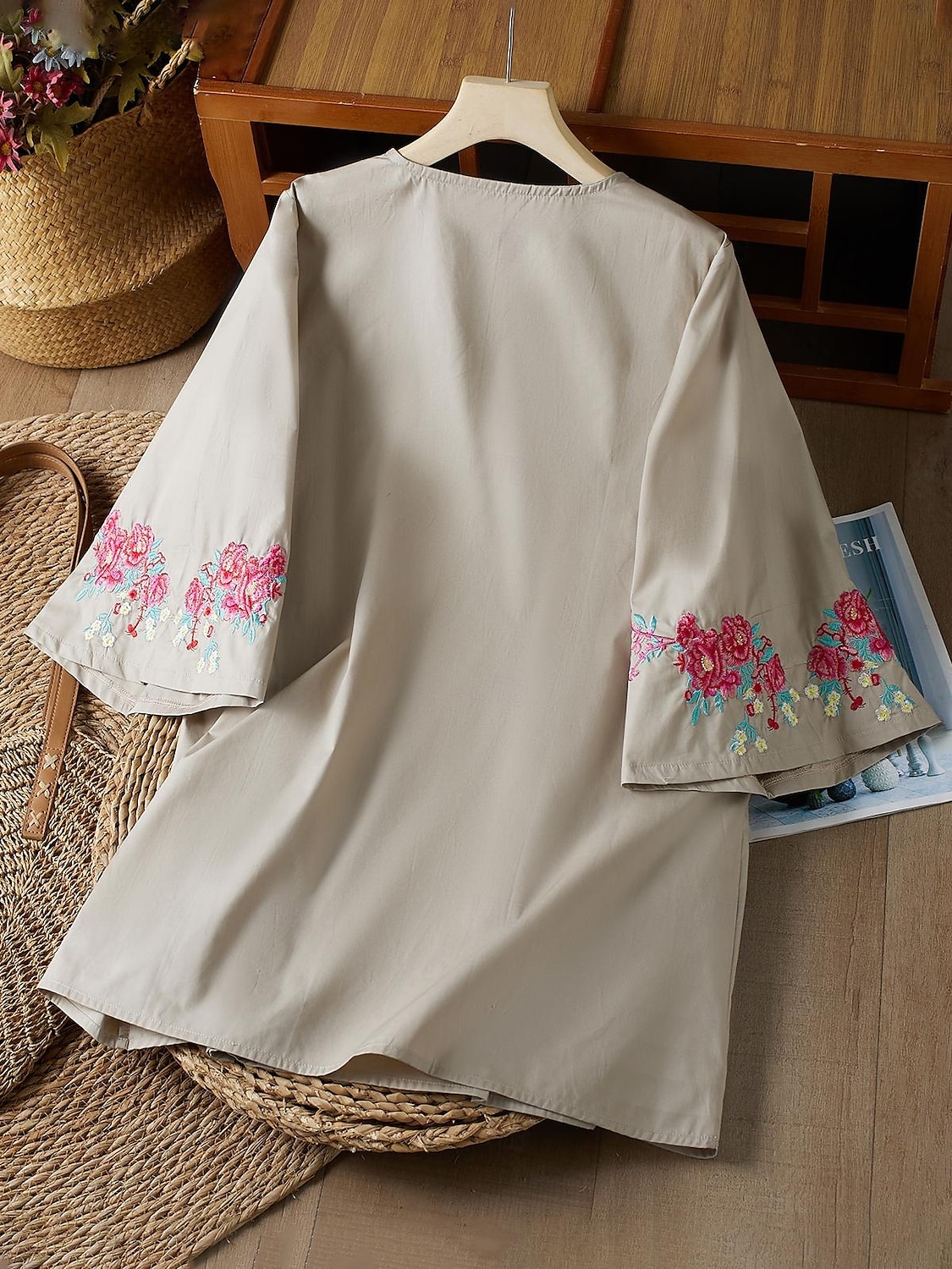 Women's Shirt Boho Shirt Linen-Inspired Shirts Dressy Tops Solid Color Floral Casual Boho 3/4 Length Sleeve Elbow Sleeve Bell Sleeve V Neck Long Tops Vacation Party Daily Embroidered Gray Autumn 2025 - $34.99 –P2