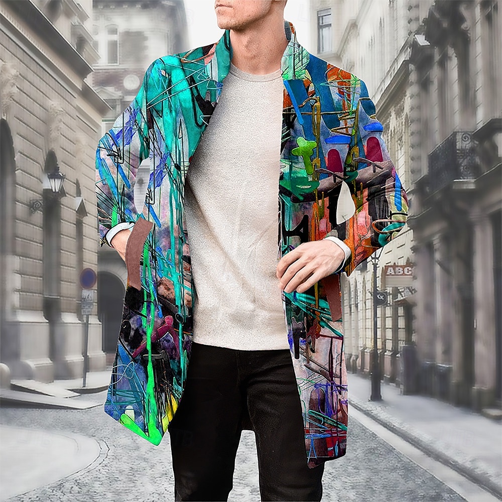 Men's Oil Painting Winter Coat Fleece Jacket Overcoat Thermal Comfortable Artistic Casual Party Daily Wear Buttons 3D Print Front Pocket Winter Turndown Long Sleeve Yellow Blue Purple 2025 - $67.99 –P5