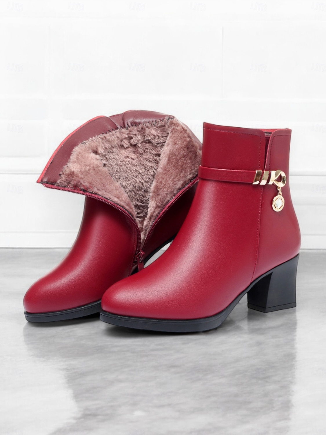 botins femininos pretos - couro sintético com forro de pelúcia, zíper lateral e salto bloco para moda de inverno e uso casual de 2025 por $42.99 –P6
