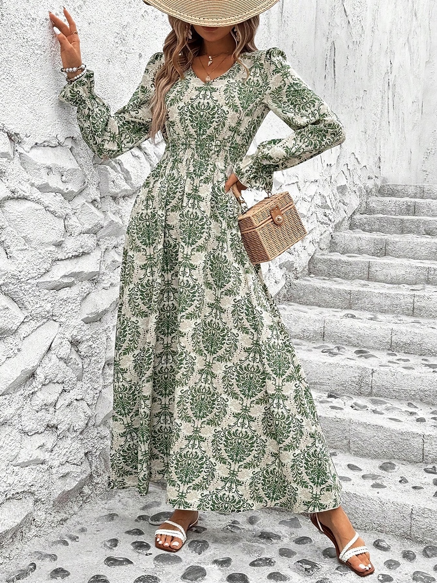 Damen Maxidress Casual kleid Schaukelkleid A Linie Kleid Boho-Kleid Brautkleider schlicht Täglich Regular Fit Blumen Langarm V Ausschnitt Schwarz Weiß Grün Sommer Frühling Herbst 2025 - $33.99 –P3