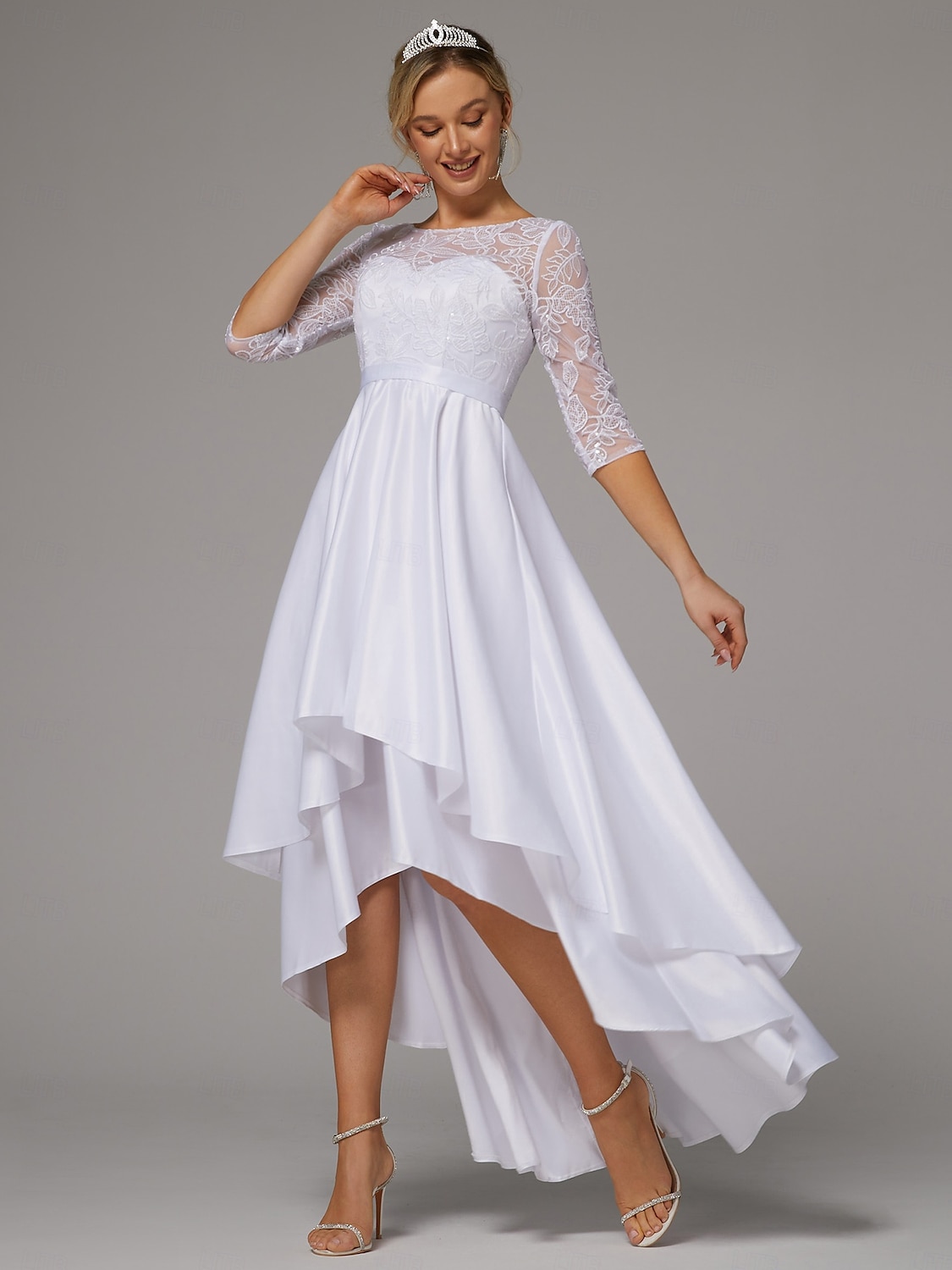 Abiti da sposa abito A-Line collo a barca maniche lunghe asimmetrico abiti da sposa in satin con pieghe mono colore del 2025 a $161.99 –P4