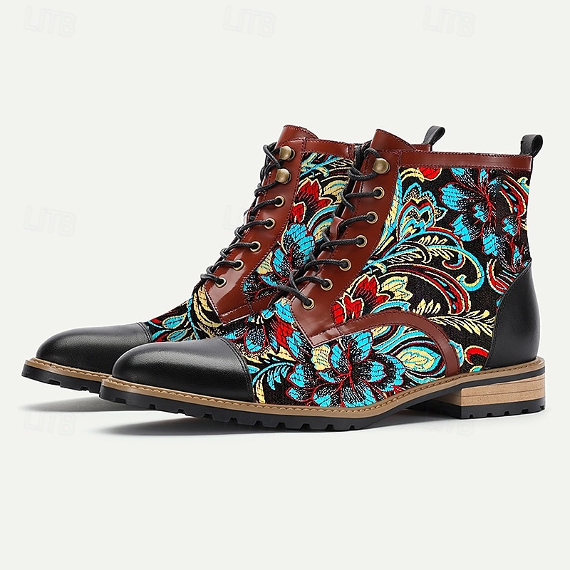 Men's Premium Cowhide Leather Lace-Up Boots with Floral Jacquard Design and Cap Toe - Stylish and Durable Ankle Boots for Casual and Formal Occasions 2025 - $109.99 –P2