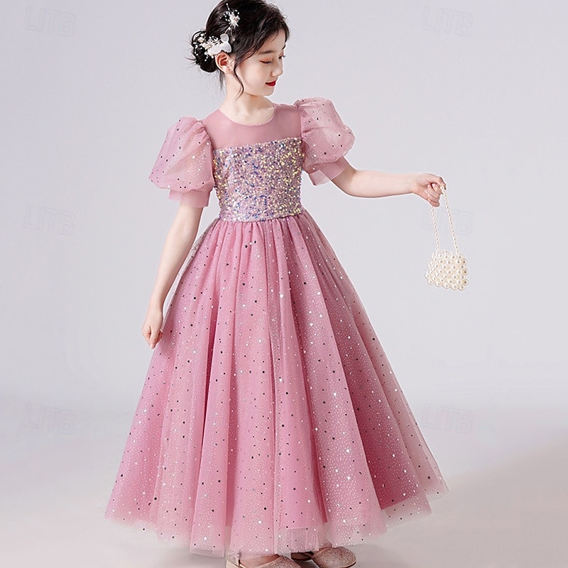 Bloemenmeisjesjurk kinderen Voor meisjes Prinses jurk Prestatie Bruiloft Feest Elegant Mooi Netstof Effen Kleur Korte mouw Strakke ronde hals Wit Blozend Roze 4 jaar + 2025 - $44.99 –P3