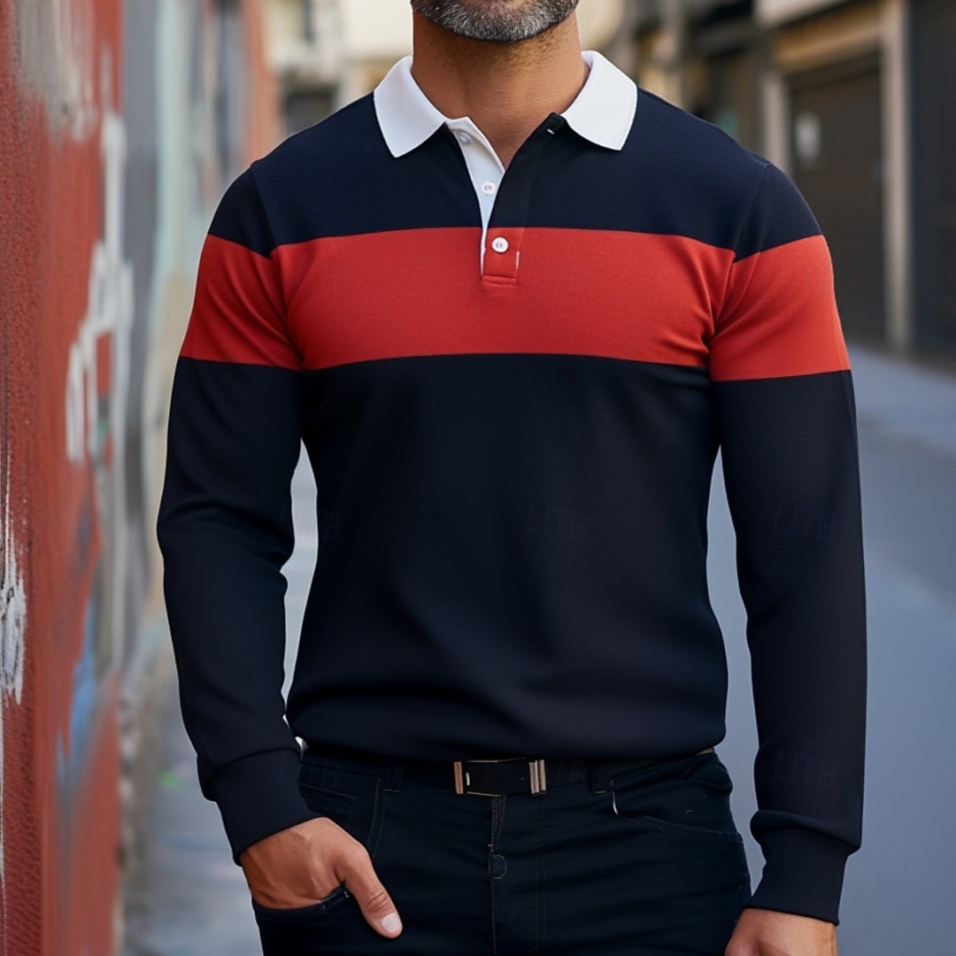 Herren Farbblock Streifen Rugby-Poloshirts Langarm Polo-Shirts Revers Klassisch Mode 3D-Druck Modern Geschäft Lässig Sport Streifen Herbst Winter Marineblau 2025 - $27.99 –P1