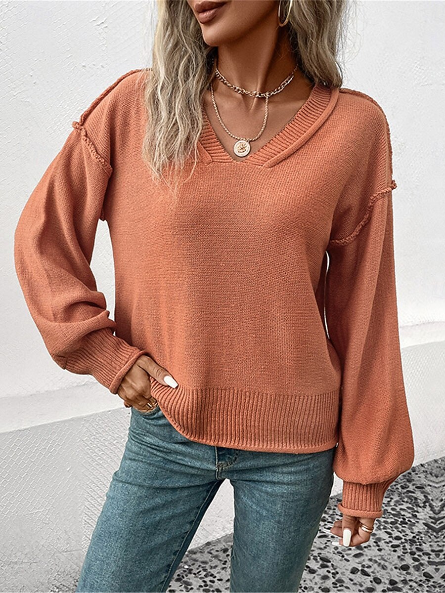 Per donna Felpa Informale Morbido Colore puro A coste A V Lavorato a maglia Manica lunga Top regolari Maglia Esterno Giornaliero Fine settimana Rosso marrone Autunno Inverno del 2025 a $31.99 –P7