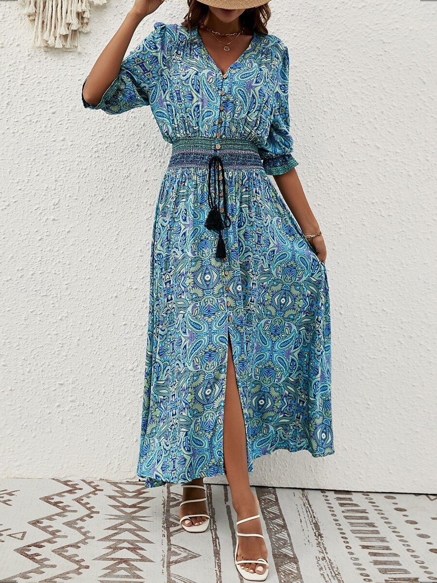 Femme Robe Maxi Robe casual Robe Évasée Robe Trapèze robe boheme Décontractées du quotidien Standard Floral Cachemire Demi Manches Col V Bleu Marron Eté Printemps Automne de 2025 ? $41.99 –P10