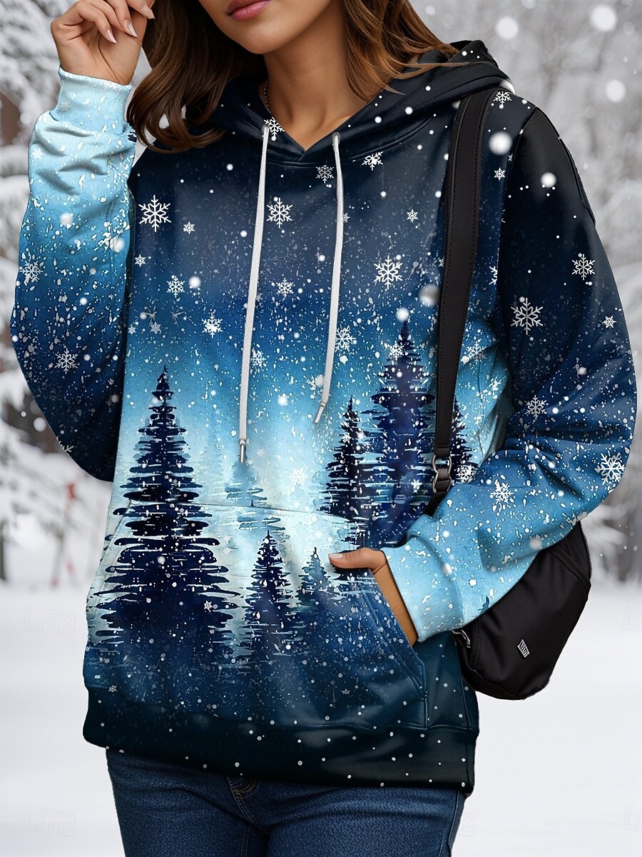 felpa con cappuccio da donna casual poliestere albero strada abbigliamento quotidiano felpa con cappuccio tasca stampa manica lunga blu autunno inverno del 2025 a $31.99 -P1