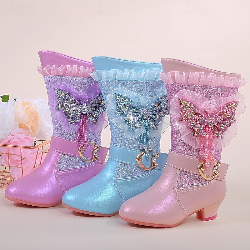 stivali invernali glitterati da bambina con fodera in pelliccia sintetica - design blu a metà polpaccio con decoro a farfalla in strass e chiusura laterale con cerniera del 2025 a $59.99 –P1