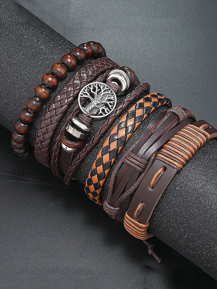 Men's Leather Bracelet Set – Vintage Multilayer Braided Cuff with Beads and Tree of Life Charm for Casual and Bohemian Styles 2025 - $9.99 –P3