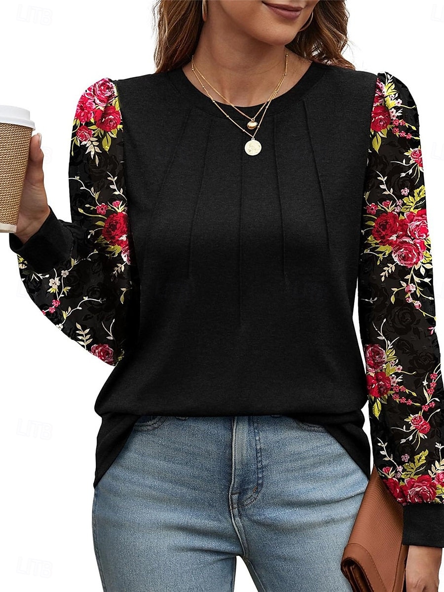 Per donna Camicia Blusa Floreale Informale Manica lunga Girocollo Top regolari Giornaliero Collage Stampa Nero Marrone Autunno Inverno del 2025 a $29.99 –P7