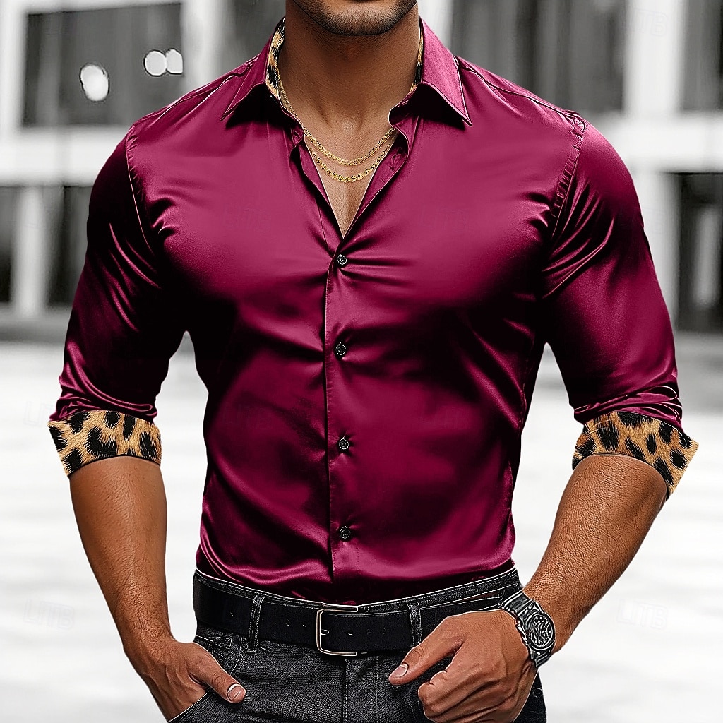 Homens Camisa Social Blusa de cetim Camisa casual camisa de botão Leopardo Casamento Férias Preto Branco Vinho Verde Manga Longa Lapela Primavera & Outono Roupa Patchwork de 2026 por $28.99 –P6