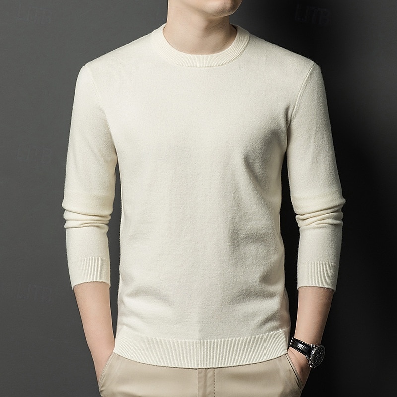 Herr Ulltröja Pullover tröja Sticka Ensfärgat Rund hals Stickat Elegant Skola Träning Kläder Höst Vinter Svart Vit S M L 2025 - $36.99 –P6