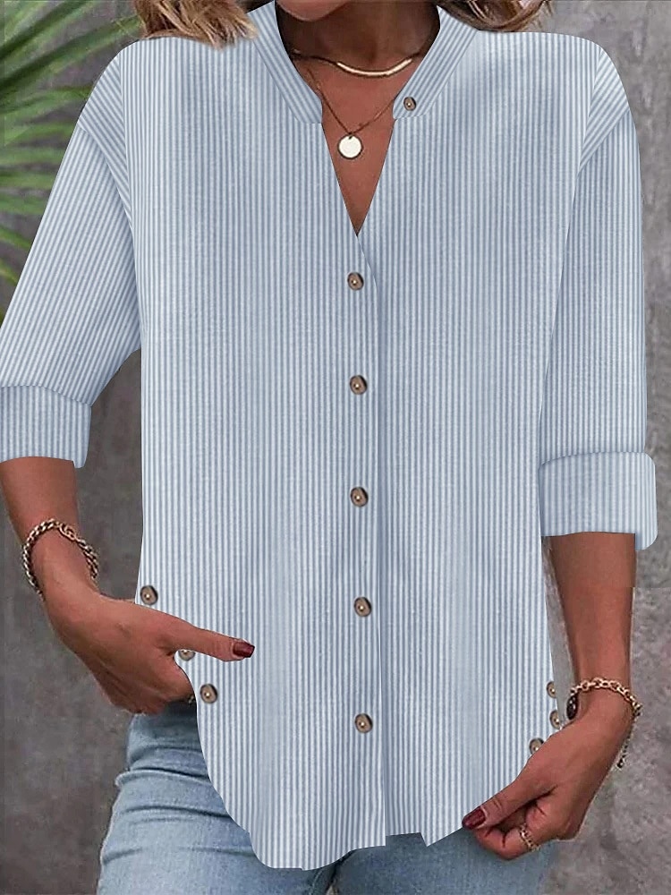 Women's Shirt Blouse Striped Basic Casual Long Sleeve Bishop Sleeve V Neck Regular Tops Daily Patchwork Buttons Pink Blue Gray Fall Winter 2025 - $29.99 –P3