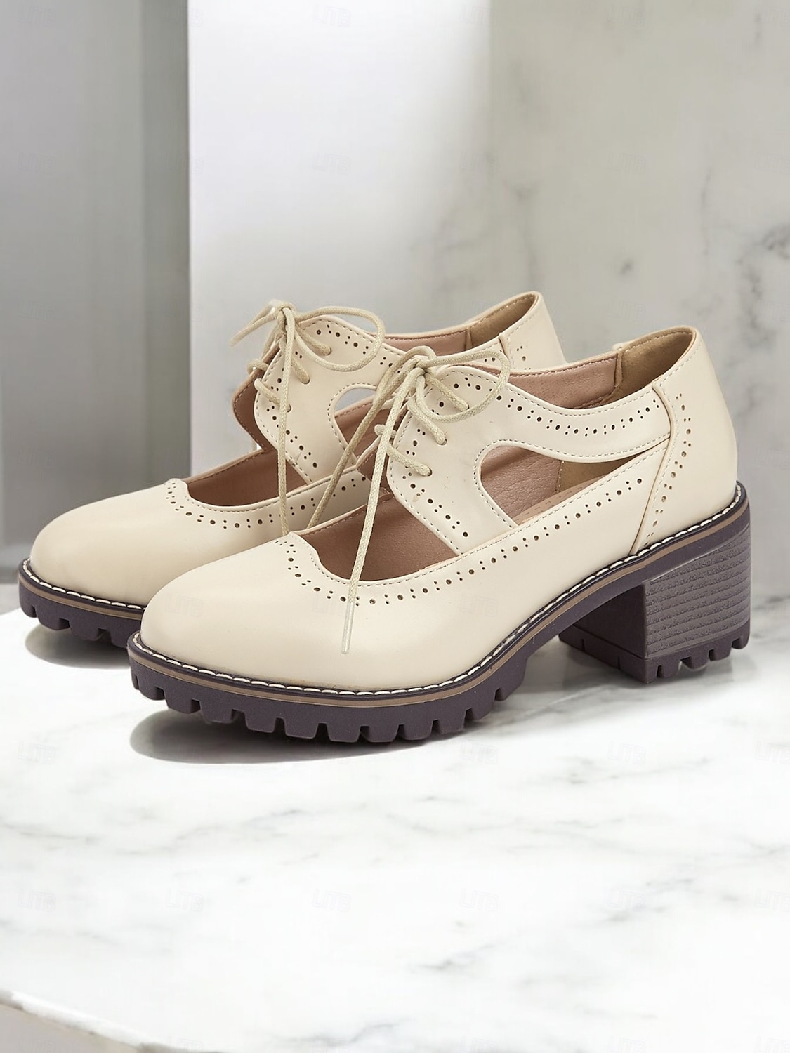 kremowe, sznurowane, damskie buty typu oxford z wycięciami i grubą podeszwą – obuwie casualowe vintage do noszenia na co dzień 2025 - $59.99 –P3