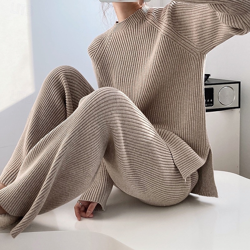 Dame Genser-koordinater Elegant Mote Fritid Helfarge Riflet Båthals Strikket Langermet Vanlige topper Strikke Arbeid Blå Kakifarget Høst Vinter 2025 - $74.99 –P3