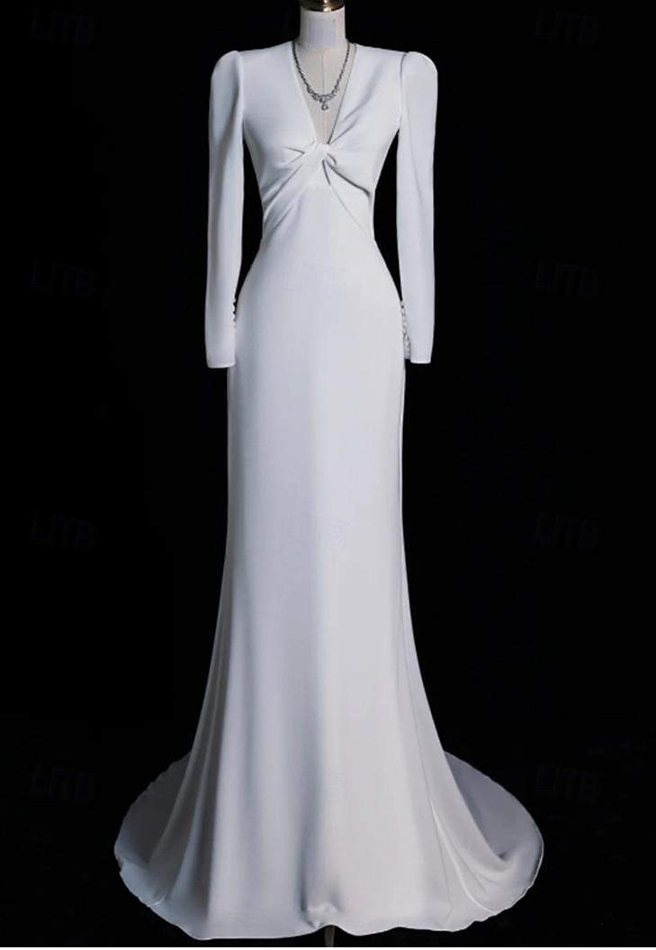 Hochzeitskleider Meerjungfrau  Trompete V-Ausschnitt Langarm Hofzug Taffeta Brautkleider Mit Raffung 2025 - $157.99 –P1