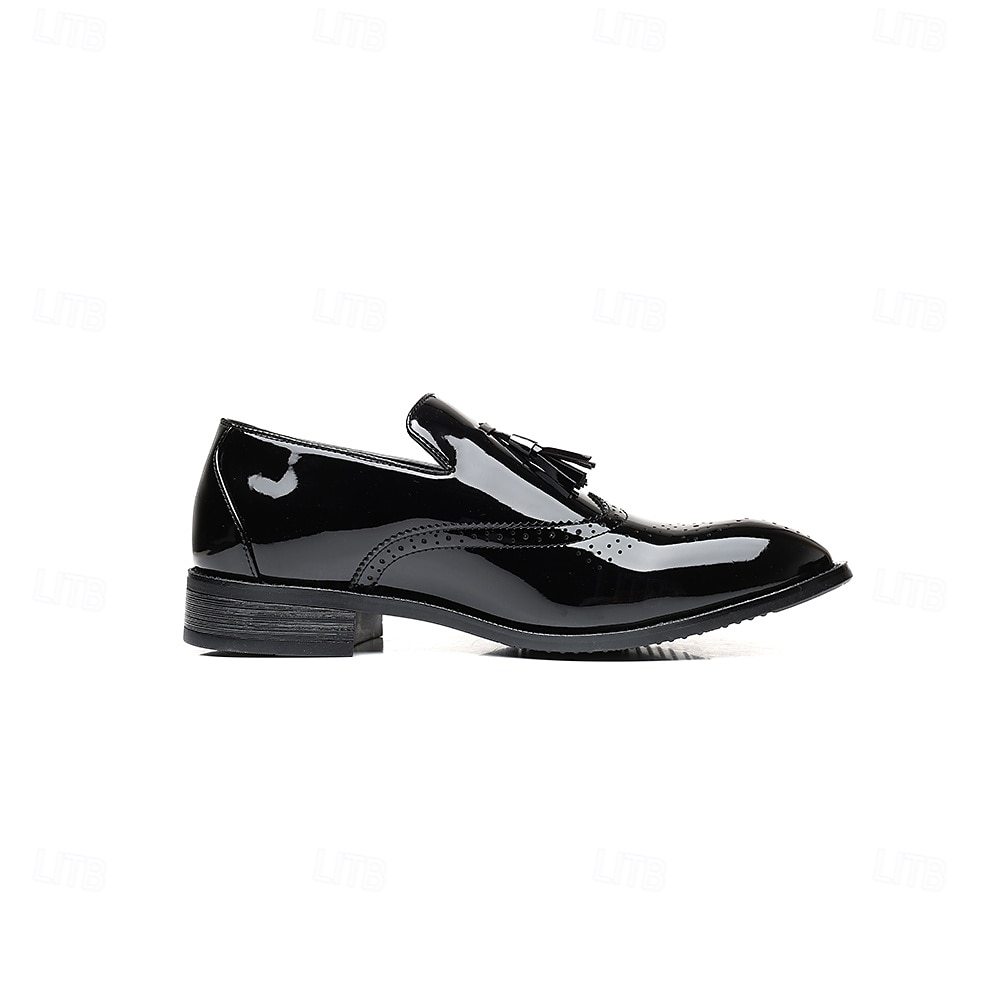 pánské černé lakované střapcové mokasíny – elegantní společenské boty s brogue detaily 2025 - $34.99 –P7