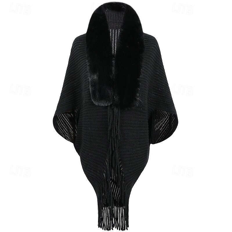 scialle largo, scialle largo spesso da donna lavorato a maglia, scialle invernale con collo in pelliccia e frange del 2025 a $37.99 –P6