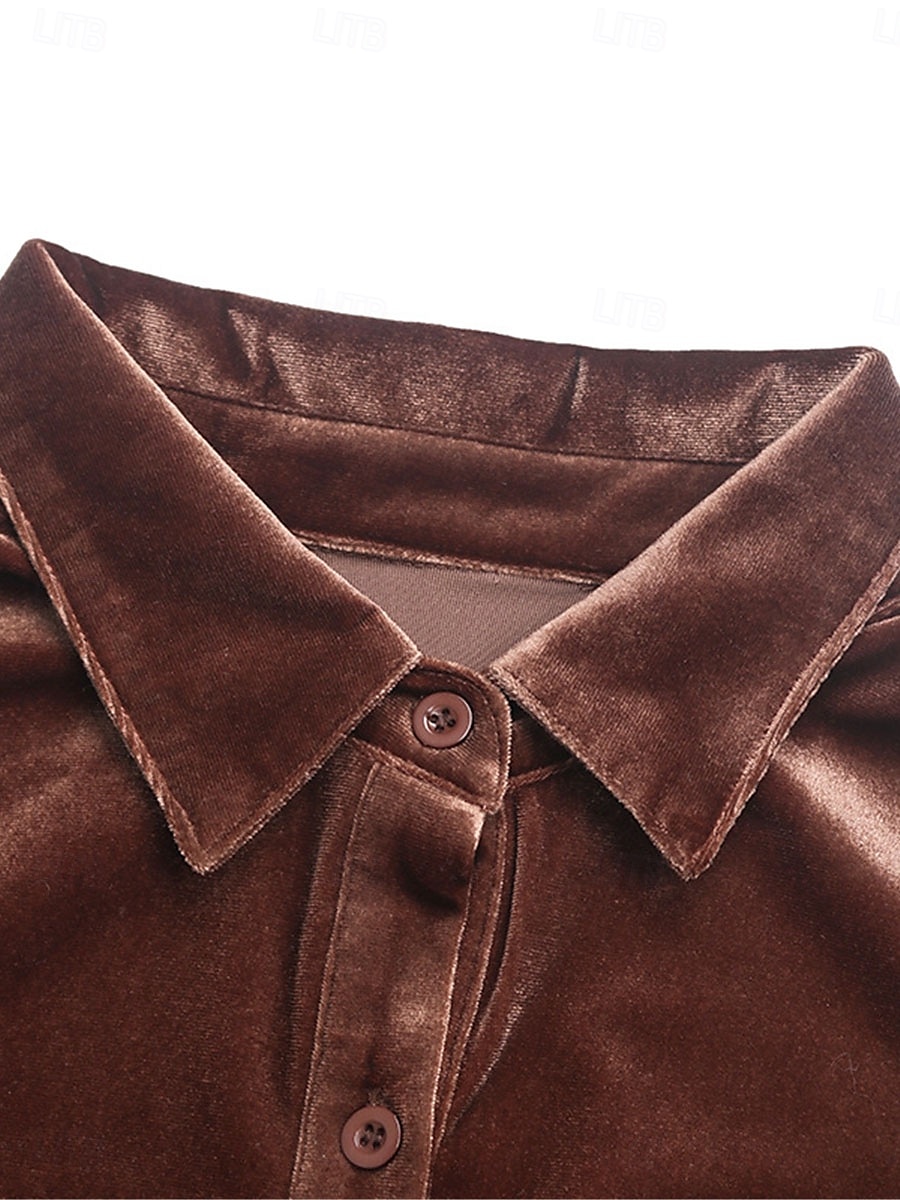 Dames Overhemd Blouse Effen Kleur Basic Casual Lange mouw V-hals Normale tops Dagelijks Lapwerk Knop Zak Wijn Bruin Groen Herfst Winter 2025 - $36.99 –P12