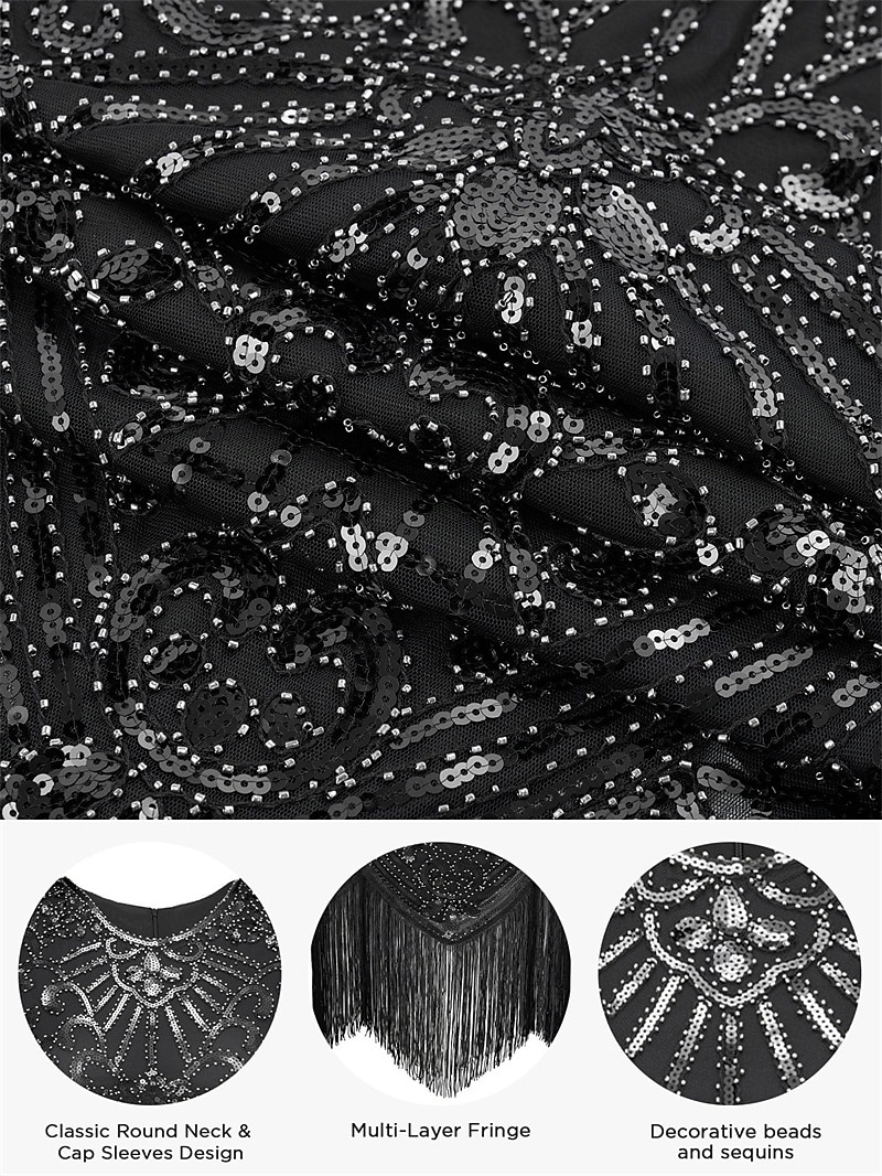 Anos 20 Vestido Coquetel Vestido antigo Meio-dia Vestido melindroso Roupa Vestido Coquetel O Grande Gatsby Menina melindrosa Convidado do casamento Paetês Pena Franja Mulheres Fantasia de Carnaval 7 de 2025 por $58.99 –P4