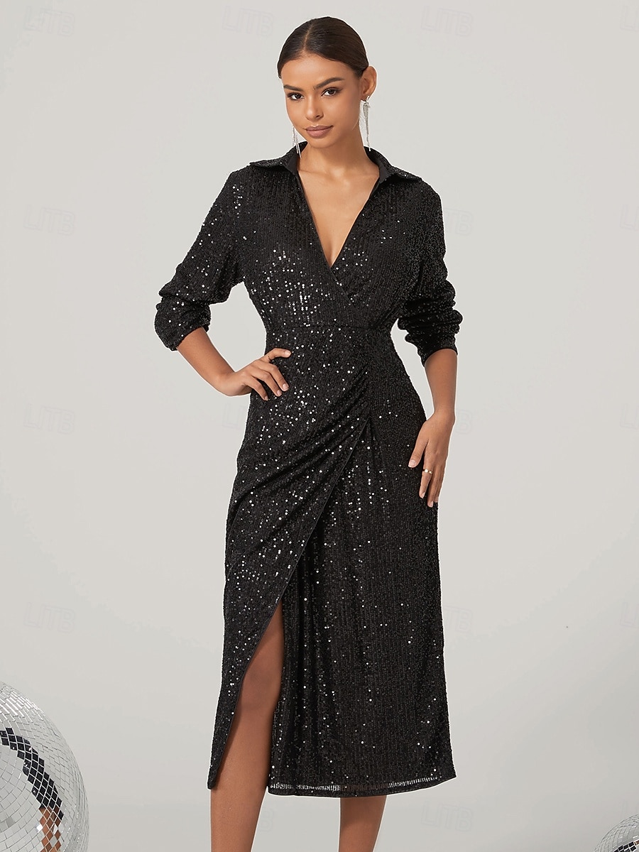 Women's Knee Length Dress Black Dress Sequin Dress Elegant Stylish Bishop Sleeve Cocktail Party Regular Fit Plain Long Sleeve V Neck Shirt Collar Black Fall Winter 2025 - $15.99 –P1