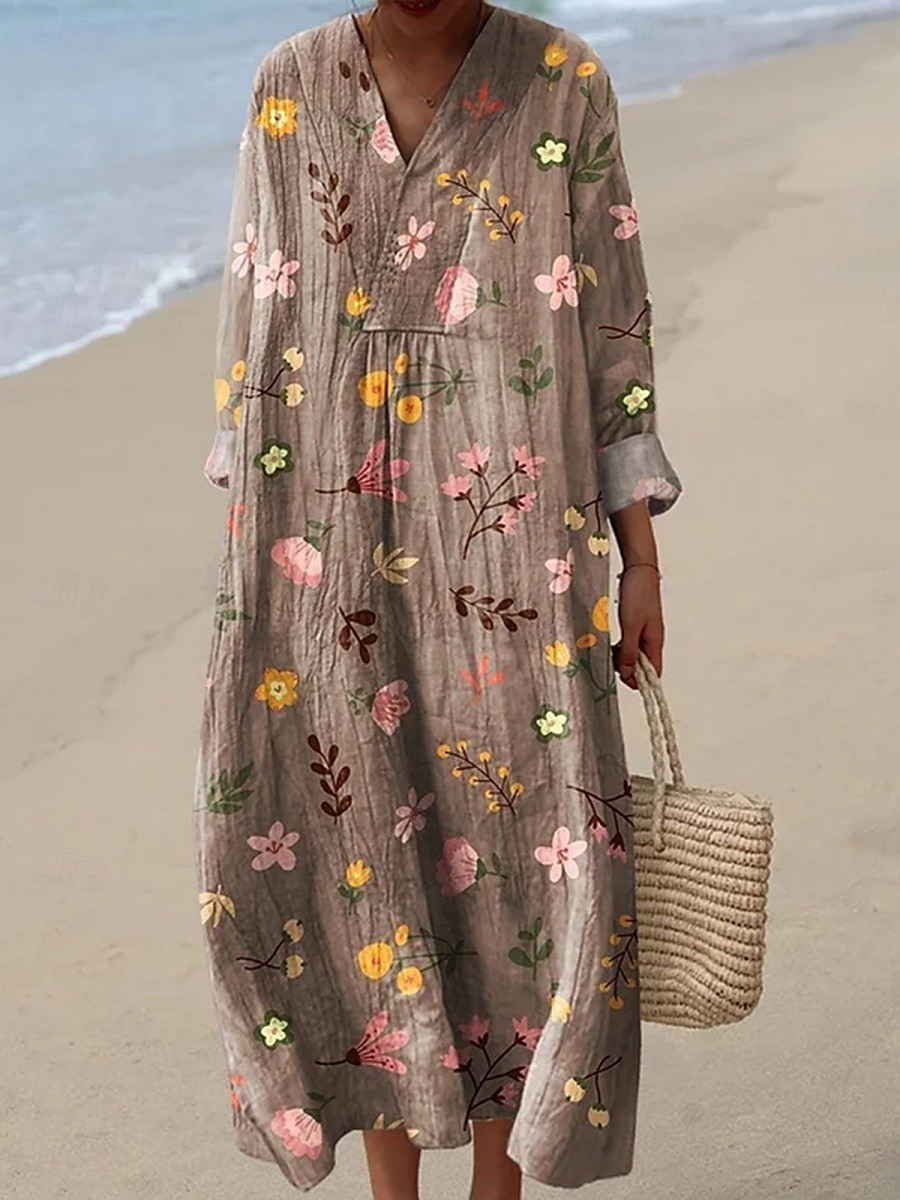 Women's Maxi Dress Linen-Inspired Dresses Casual Dress Swing Dress Casual Daily Regular Fit Floral Long Sleeve V Neck Navy Blue Khaki Beige Summer Spring Fall 2025 - $36.99 –P1