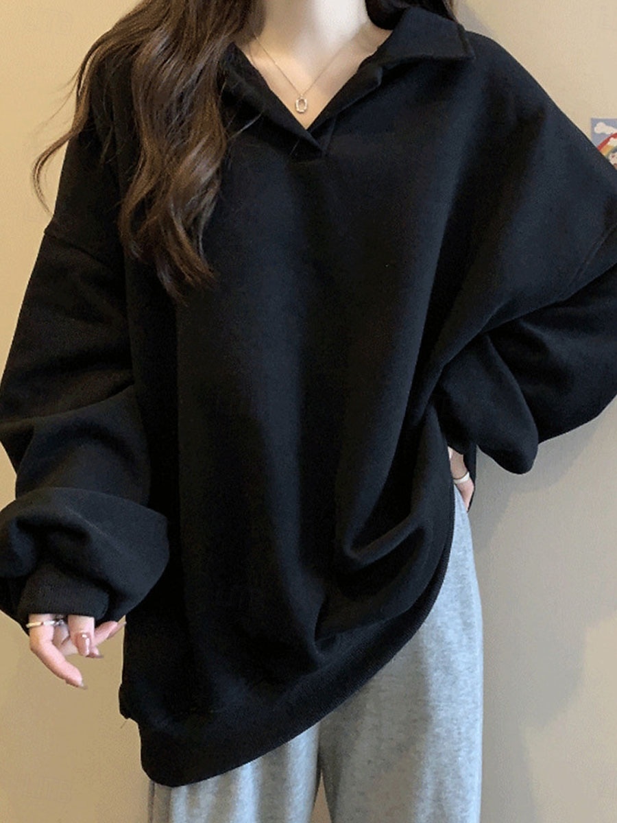 felpa da donna casual semplice strada abbigliamento quotidiano scollo a V manica lunga nero bianco caffè autunno inverno del 2025 a $21.99 –P5
