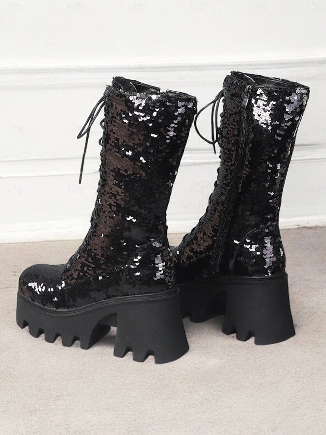 Botas de plataforma con cordones y lentejuelas para mujer: botas de tacón grueso brillantes en verde y azul para fiestas, festivales y cosplay 2025 - $84.99 –P13