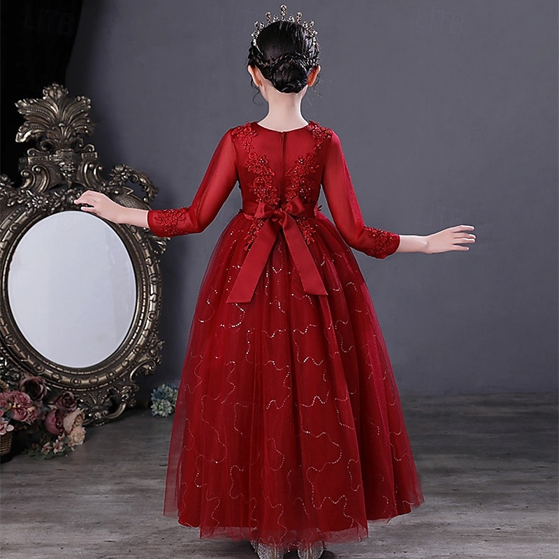 Blumenmädchenkleid Kinder Mädchen Prinzessinenkleid Leistung Hochzeit Party Elegant Schön Gitter Feste Farbe Langarm Rundhalsausschnitt Weinrot Weiß 4 Jahre + 2025 - $43.99 –P12