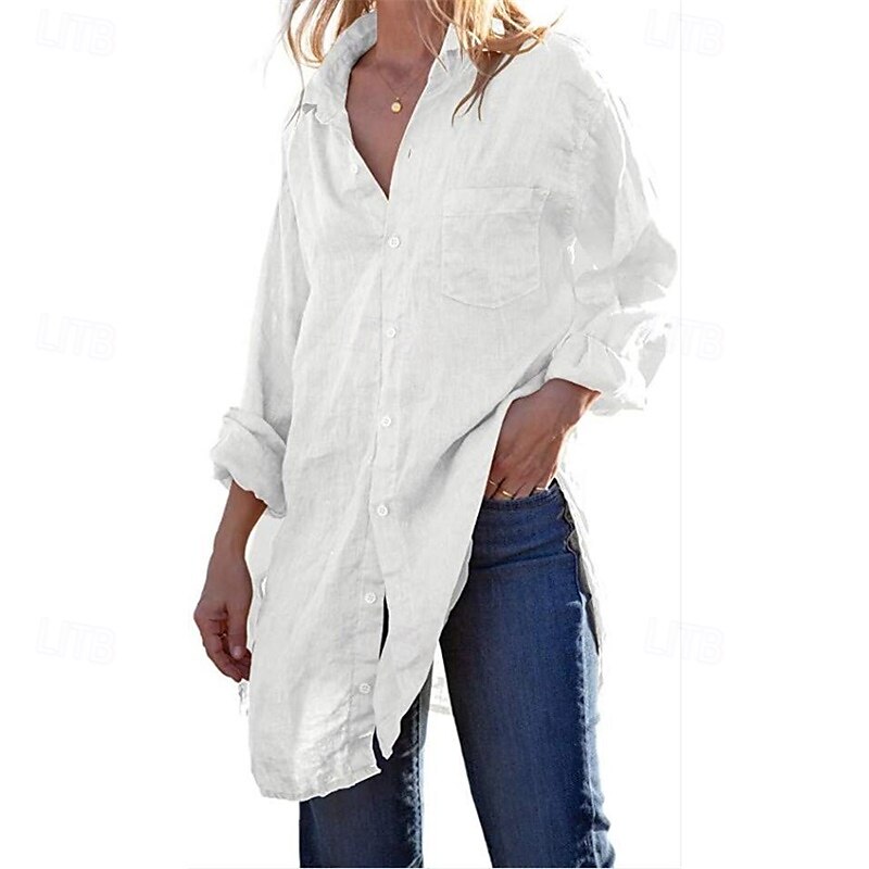 Women's Shirt Linen-Inspired Shirts Button Up Casual Long Sleeve Shirt Collar White Spring &  Fall 2025 - $29.99 –P3