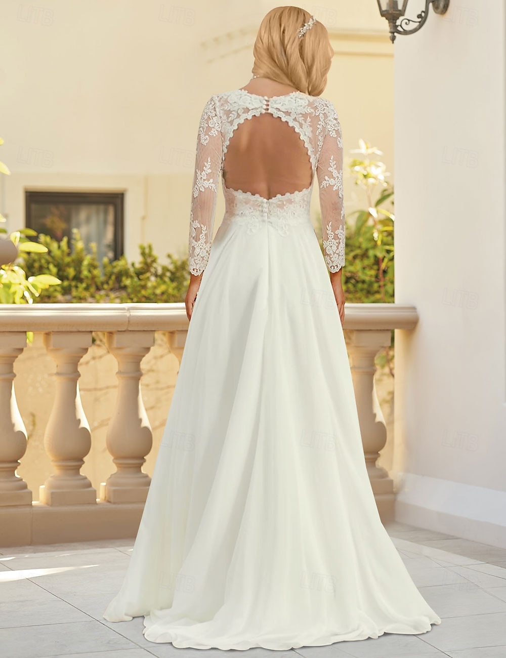 Abiti da sposa matrimonio in spiaggia A-Line scollatura a V maniche lunghe lunghezza pavimento in chiffon da sposa con pieghe del 2025 a $197.99 –P2