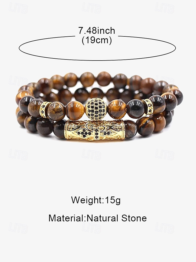 Men's Beaded Bracelet Set – Red Tiger Eye Stones with Gold-Plated Accents and Black Crystal Inlays for a Stylish Look 2025 - $10.75 –P4