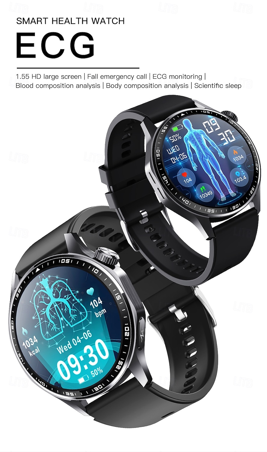 2025年 696 F210 スマートウォッチ 1.55 インチ スマートブレスレット ブルートゥース ECG + PPG 歩数計 着信通知 と互換性があります Android iOS 男性 ハンドフリーコール メッセージ受信通知 IPX-0 48mmウォッチケース コレクション – $76.99 –P1