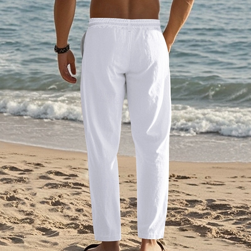 Men's Linen Pants Trousers Summer Pants Beach Pants Drawstring Elastic Waist Straight Leg Plain Comfort Breathable Full Length Daily Holiday Beach Vacation Fashion Black White 2025 - $20.99 –P3