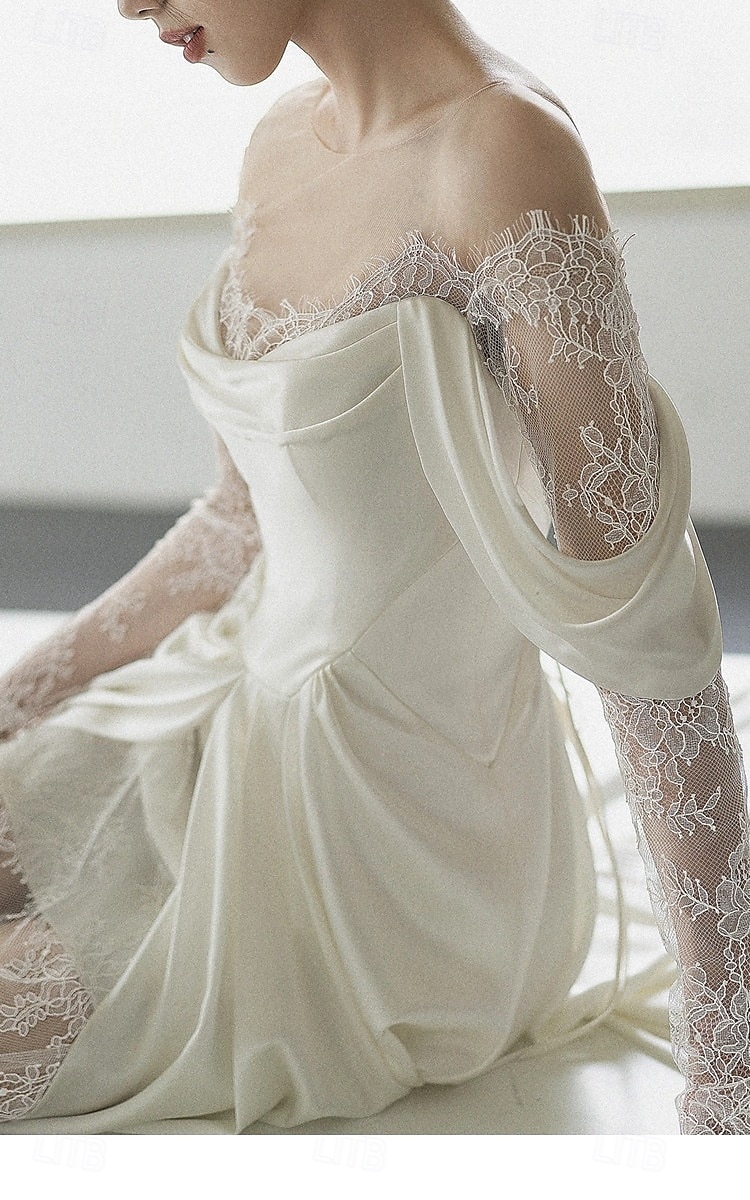 Wedding Dresses A-Line Illusion Neck Long Sleeve Floor Length Satin Bridal Gowns With Flower 2025 2025 - $148.99 –P4