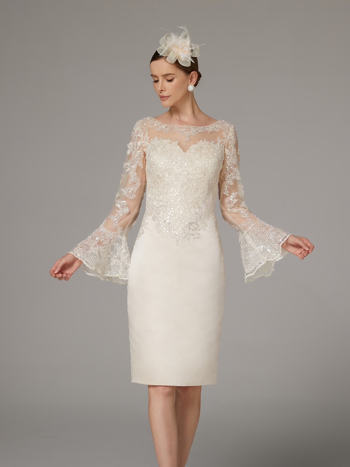 Sheath Kleid Mutter der Braut Kleid Elegantes Vintage Luxuriös Juwelen-Hals Knie-Länge Satin Spitze Langarm Tee-Länge mit Applikationen 2025 - $154.99 –P2