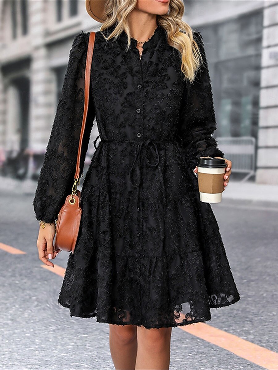 Damen Spitzenkleid Minikleid Spitze Patchwork Brautkleider schlicht Ständer Langarm Schwarz Wein Grün Farbe 2025 - $34.99 –P9