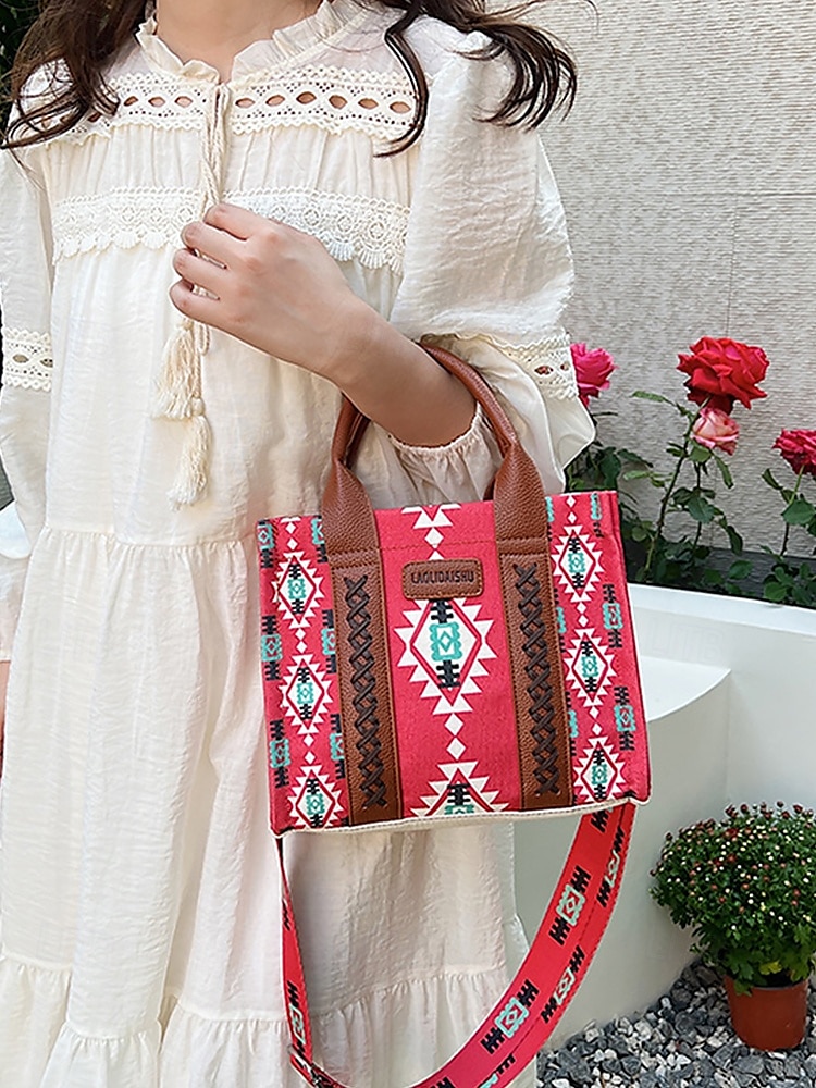 női boho etnikai mintás táska – vintage ihletésű vászon kézitáska bőr díszítéssel, ideális alkalmi kirándulásokhoz és mindennapi használatra 2025 - $26.99 –P4