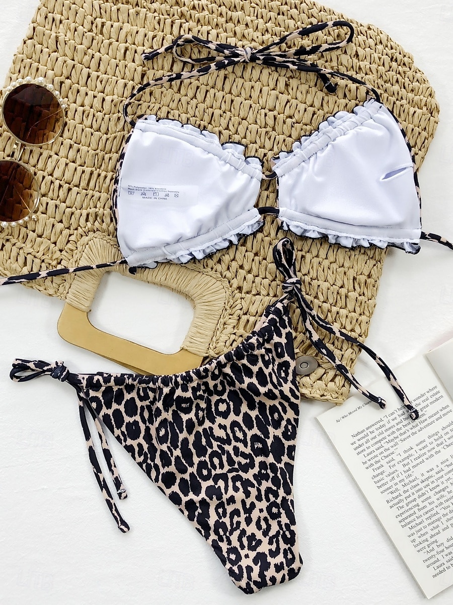 Women's Swimwear Bikini 2 Piece Cheeky Swimsuit Backless Slim Vacation Beach Wear Solid Color Leopard Halter Neck Sleeveless Bathing Suits 2025 - $26.99 –P6