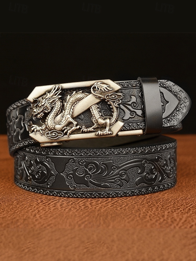 حزام جلدي بني للرجال بتصميم تنين منقوش وإبزيم ذهبي - طراز عتيق، مثالي للارتداء الرسمي وغير الرسمي 2026 - $26.99 –P7