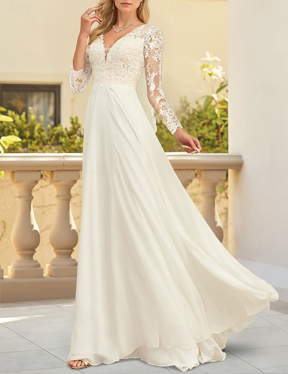 Abiti da sposa matrimonio in spiaggia A-Line scollatura a V maniche lunghe lunghezza pavimento in chiffon da sposa con pieghe del 2025 a $197.99 –P1