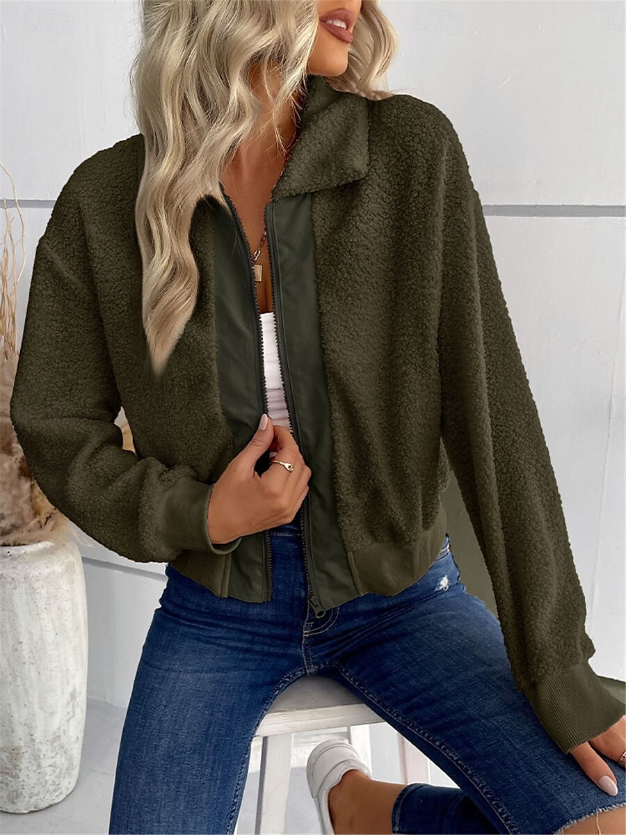 Women's Winter Coat Sherpa Jacket Outdoor Street Daily Wear Fall Winter Short Coat Regular Fit Thermal Warm Breathable Stylish Casual Jacket Long Sleeve Plain with Pockets Full Zip Dark Navy Army 2025 - $52.99 –P11