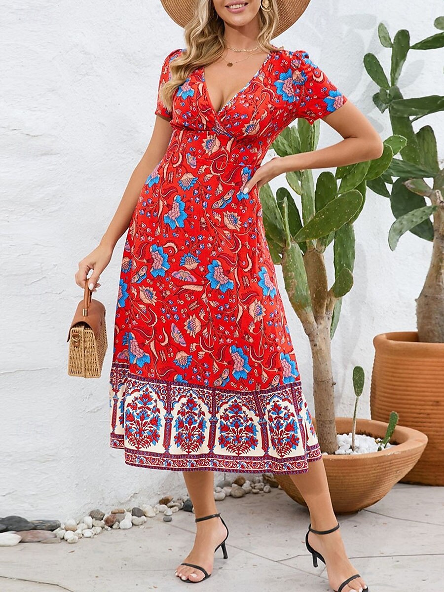Dame Midikjole Uformell kjole Swingkjole Kjole med A-linje Boho-kjole Bohem Fritid Daglig Normal Blomstret Kortermet V-hals Rød Blå Fuksia Sommer Vår 2025 - $46.99 –P14