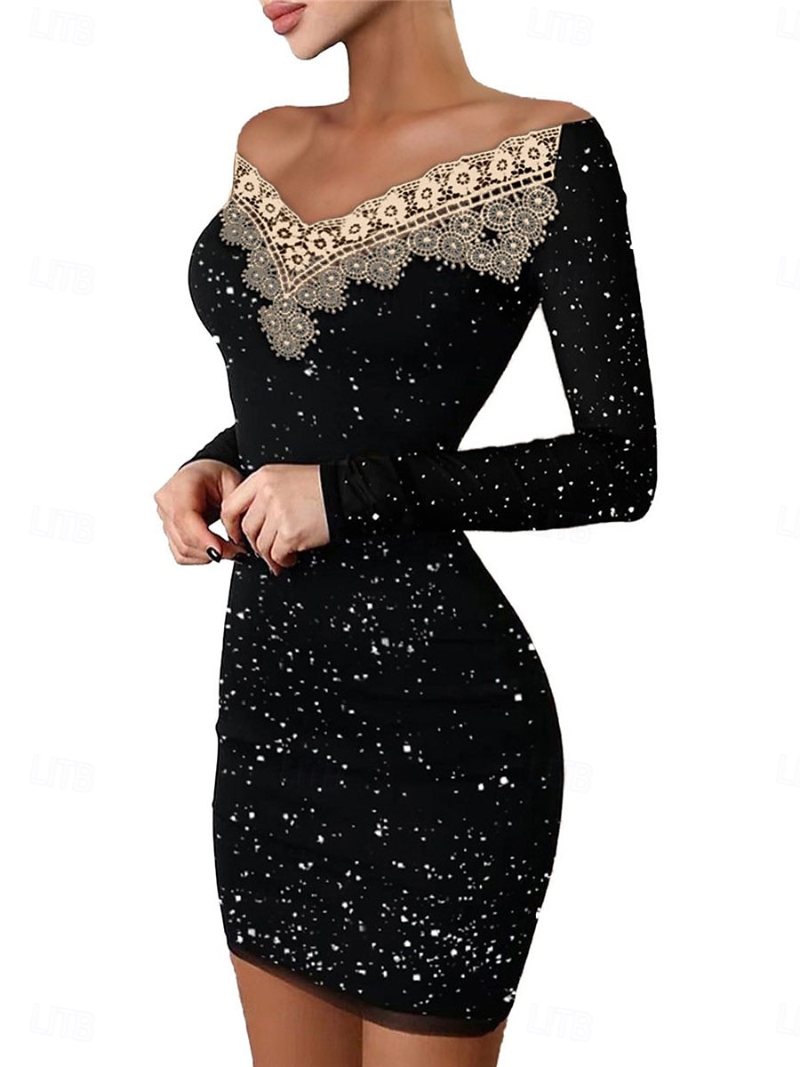 Pentru femei Rochie neagra Rochie Mini Dantelă Peteci Casual De Pe Umăr Manșon Lung Negru Caisă Culoare 2025 - $25.99 –P1