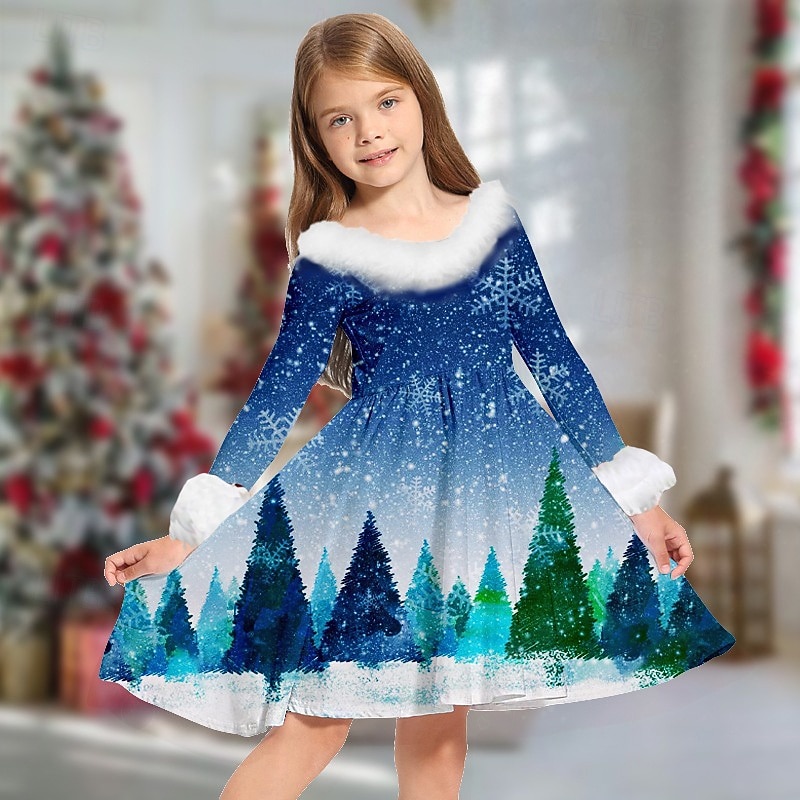 Copii Fete Rochie de Crăciun Rochie Rochie cu fulg de nea Mos Craciun Fiecare Om de Zăpadă Manșon Lung Casual Γούνινος Γιακάς Crewneck Elegant Adorabil Poliester Sub Genunchi Rochie casual Rochie 2025 - $24.99 –P1